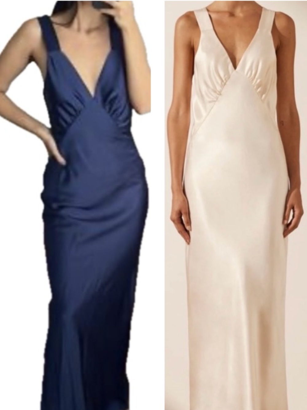 Satin Navy Blue V-Neck Maxi Dress with Wide Straps - Picture 2 of 11